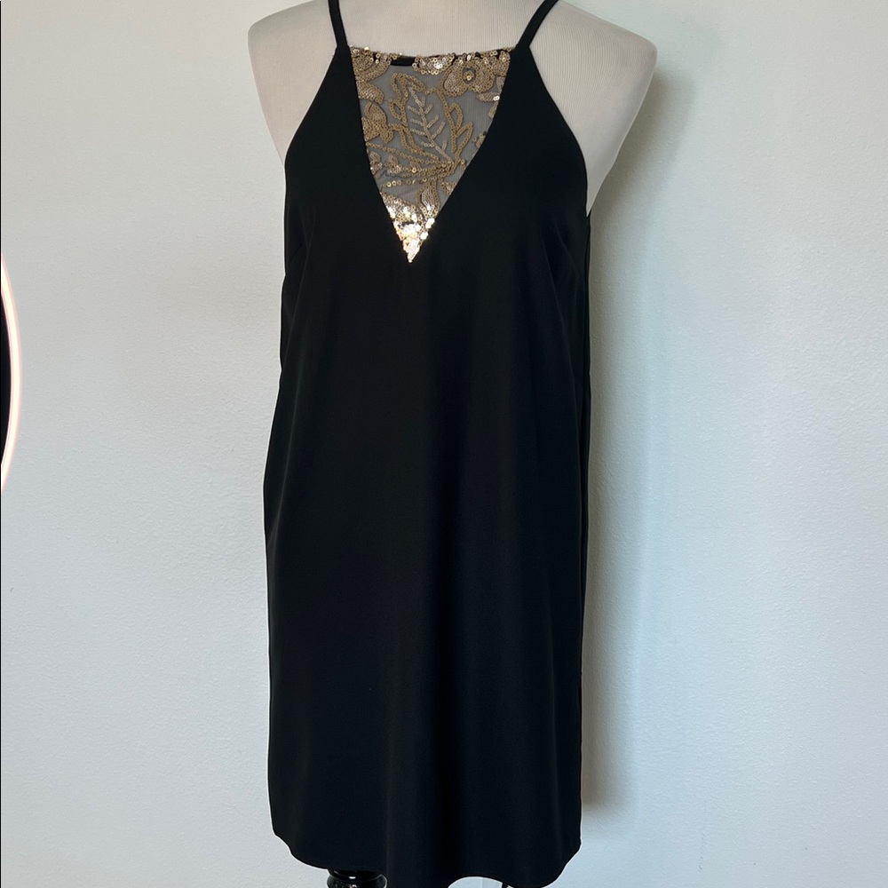 Black flowy S Midi Dress with Gold sequin Accents sheath